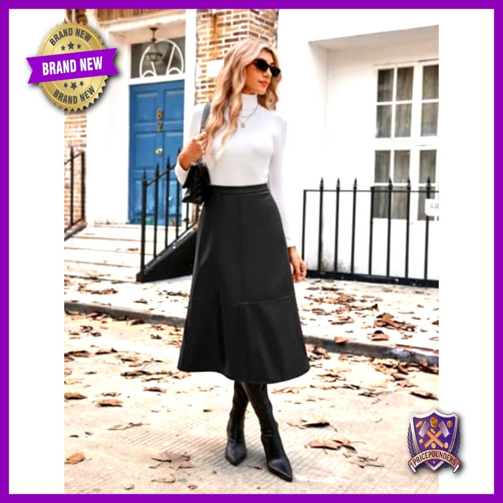 Faux Leather Midi Skirt High Waist A-Line Fall Winter Professional Casual - Picture 6 of 7